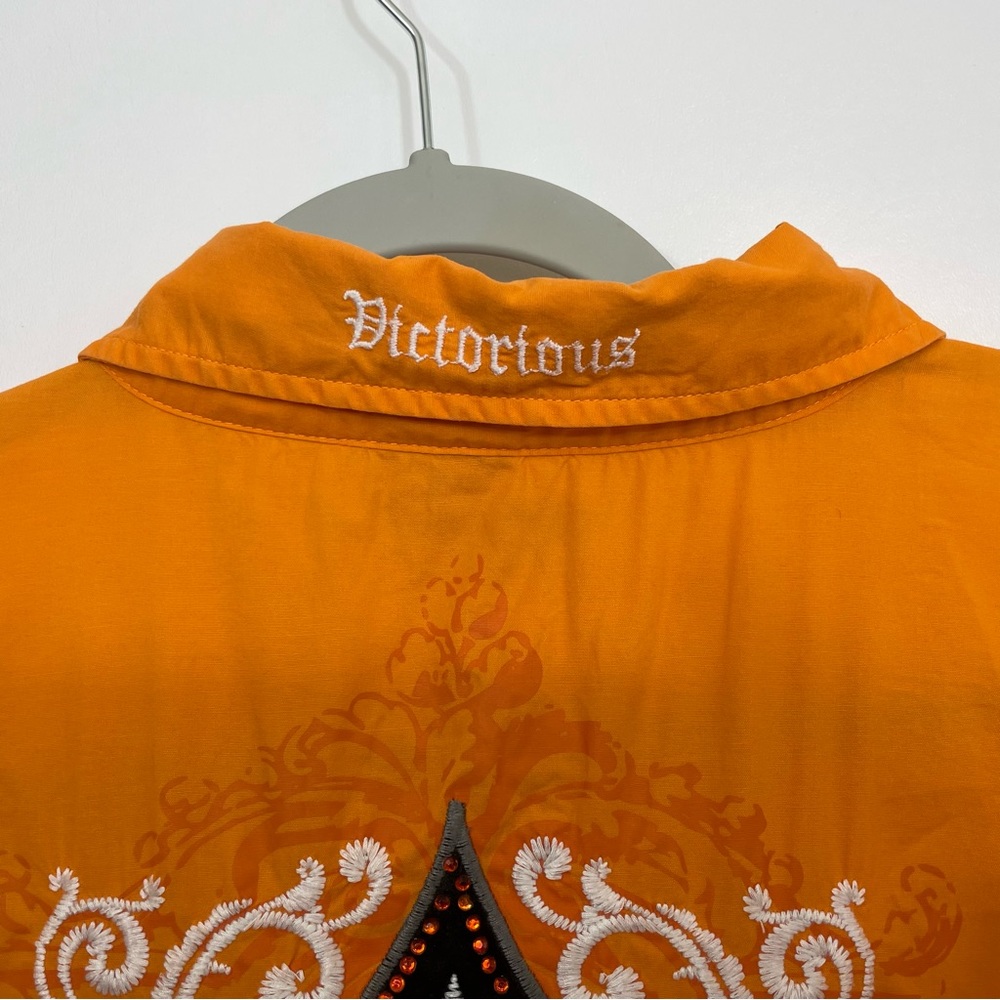 Victorious Mens Button Front Shirt Embroidered XL Fleur de Lis Orange Cotton - Picture 7 of 9